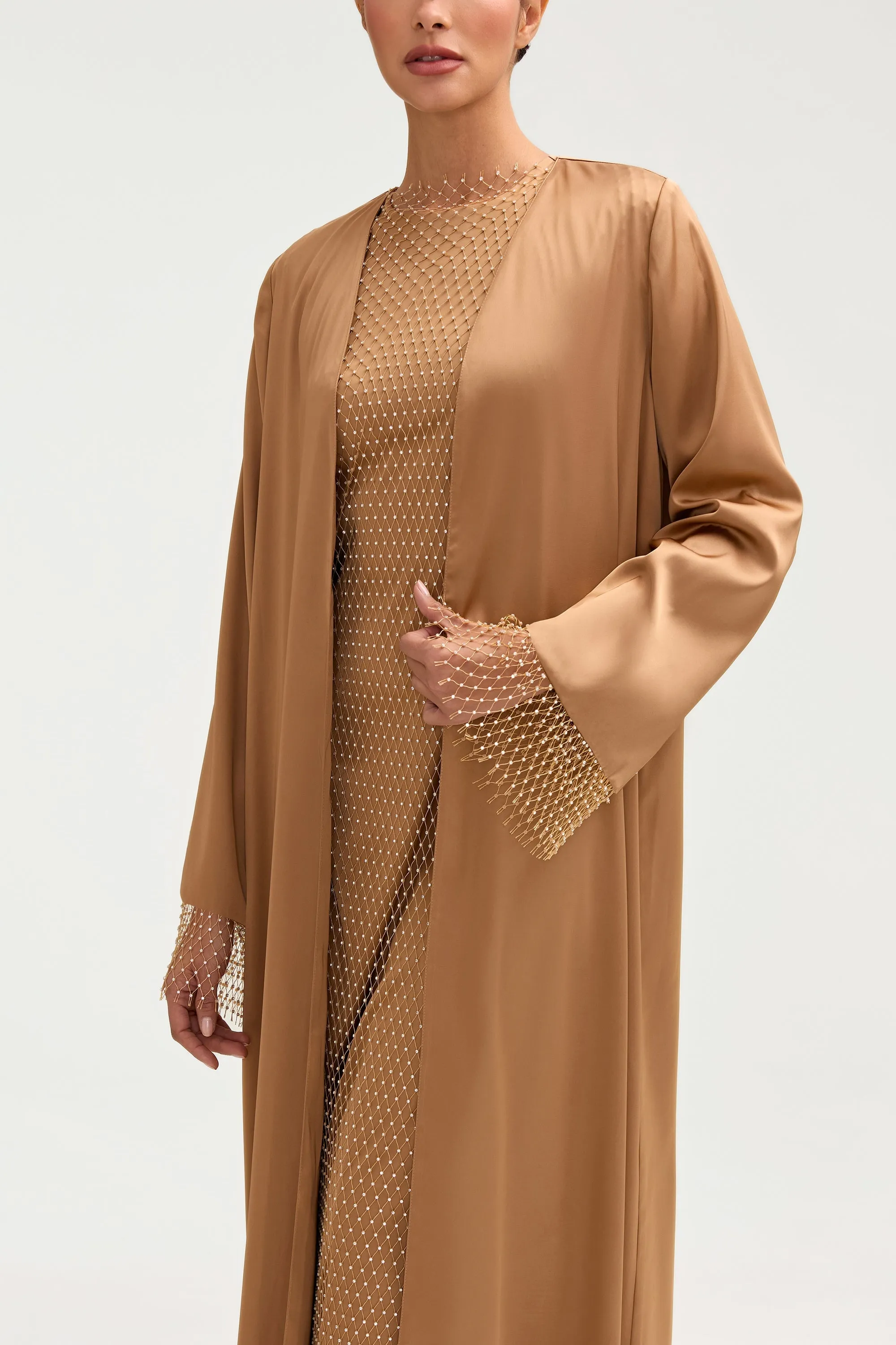 Lyana Crystal Mesh Satin Abaya - Champagne