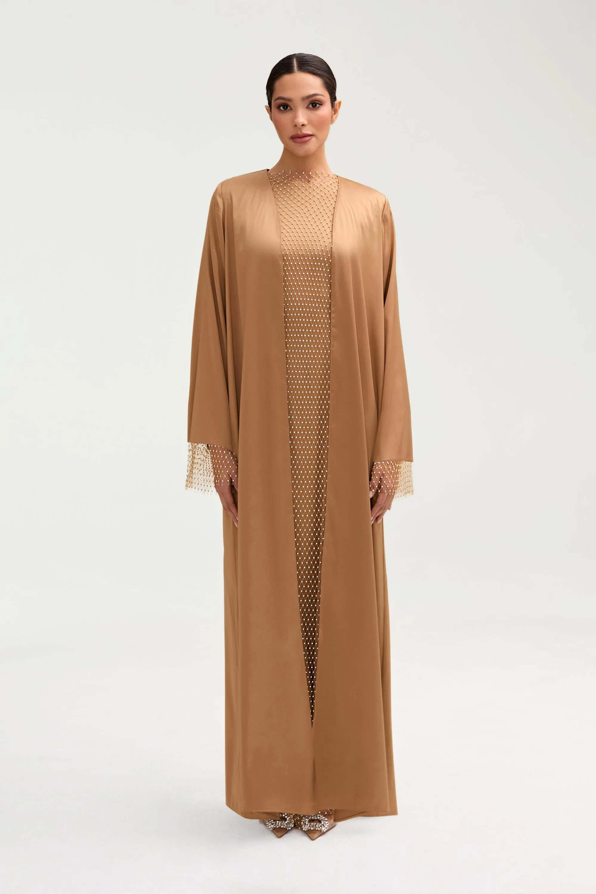 Lyana Crystal Mesh Satin Abaya - Champagne