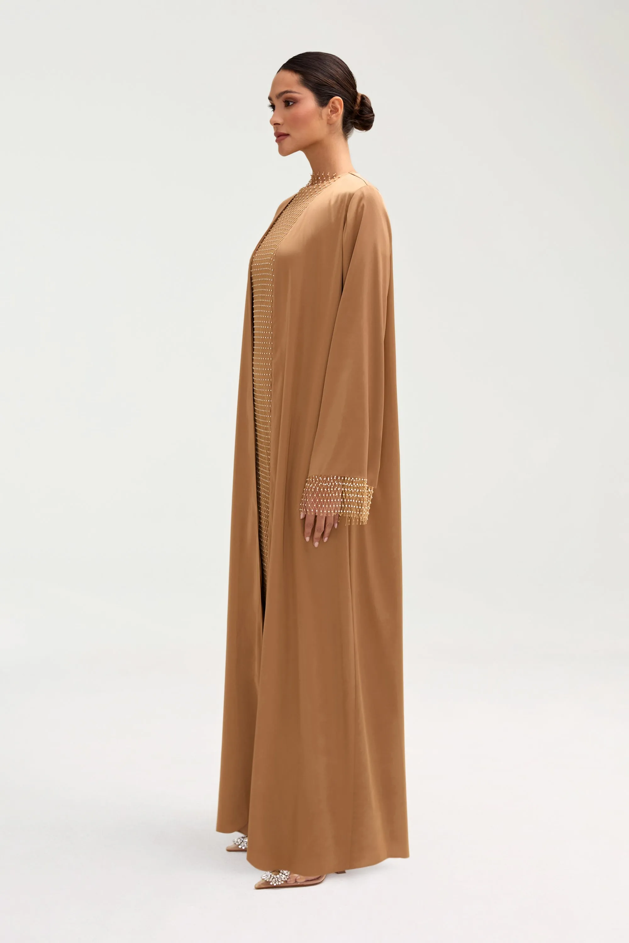 Lyana Crystal Mesh Satin Abaya - Champagne