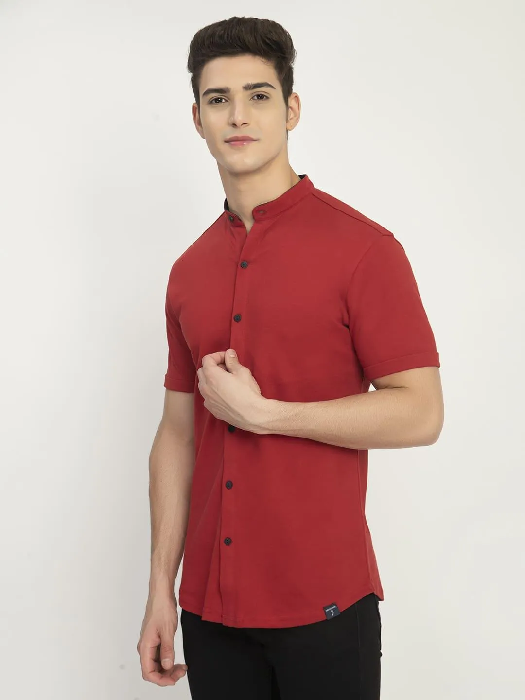 Men's Solid Mandarin Collar Short Sleeve Shirt