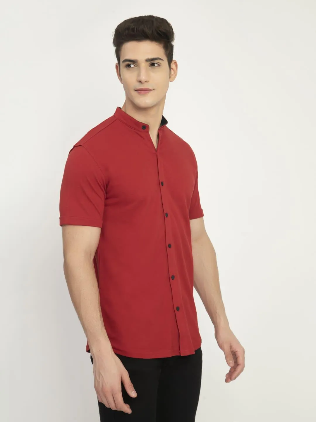 Men's Solid Mandarin Collar Short Sleeve Shirt