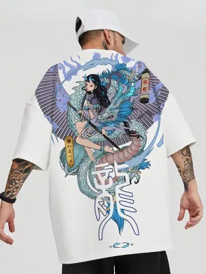 Men's Summer Chinese Dragon Cartoon Printed Round Neck Short Sleeve Casual T-Shirt