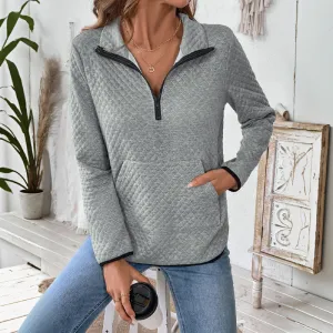 METAVERSMALL 2025 waffle V-neck zipper semi-open pullover sweater casual solid color versatile texture top