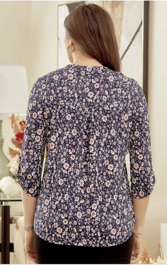 Navy Floral Print 3/4" Sleeve Top - Wrinkle Free - #7835-7840