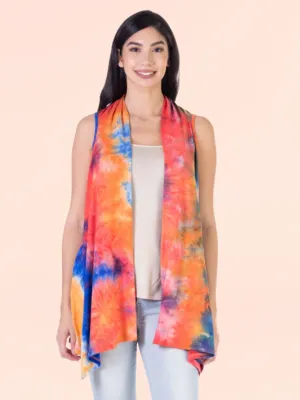 Orange Tie Dye Sleeveless Open Front Shrug Vest