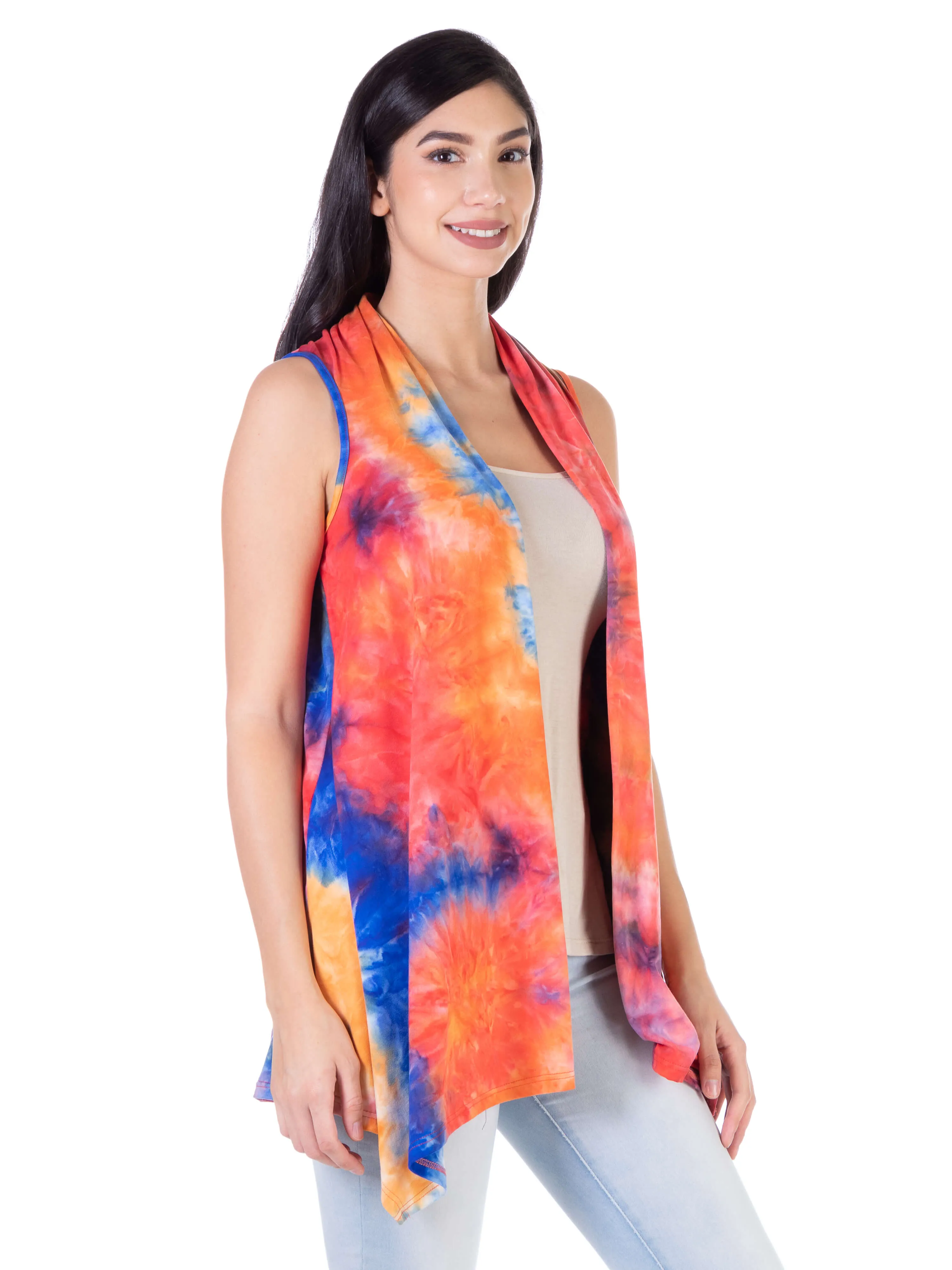 Orange Tie Dye Sleeveless Open Front Shrug Vest