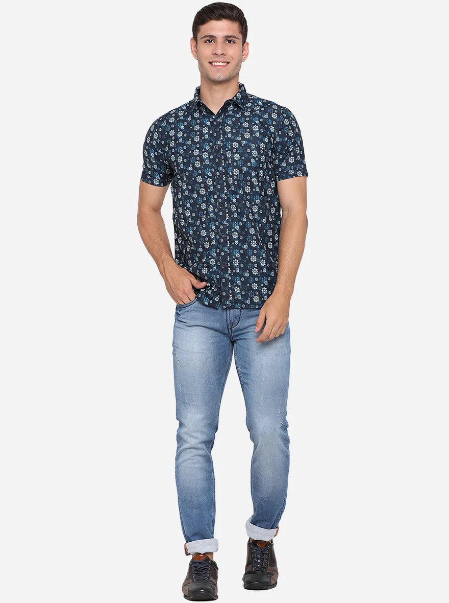 Orion Blue Printed Slim Fit Semi Casual Shirt | JadeBlue