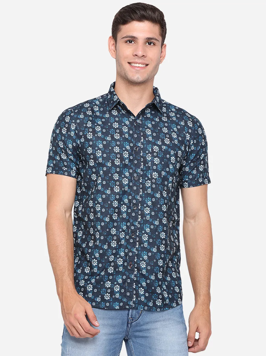 Orion Blue Printed Slim Fit Semi Casual Shirt | JadeBlue