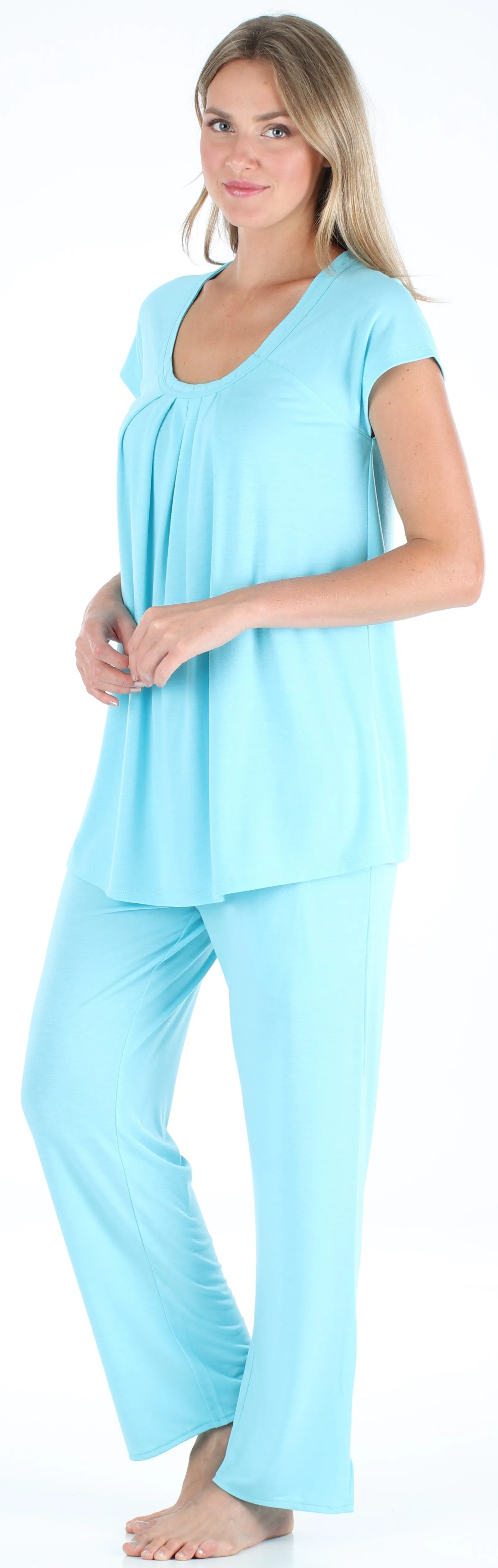 PajamaMania Women's Stretchy Knit Short Sleeve Oversized Top and Pants Pajama Set