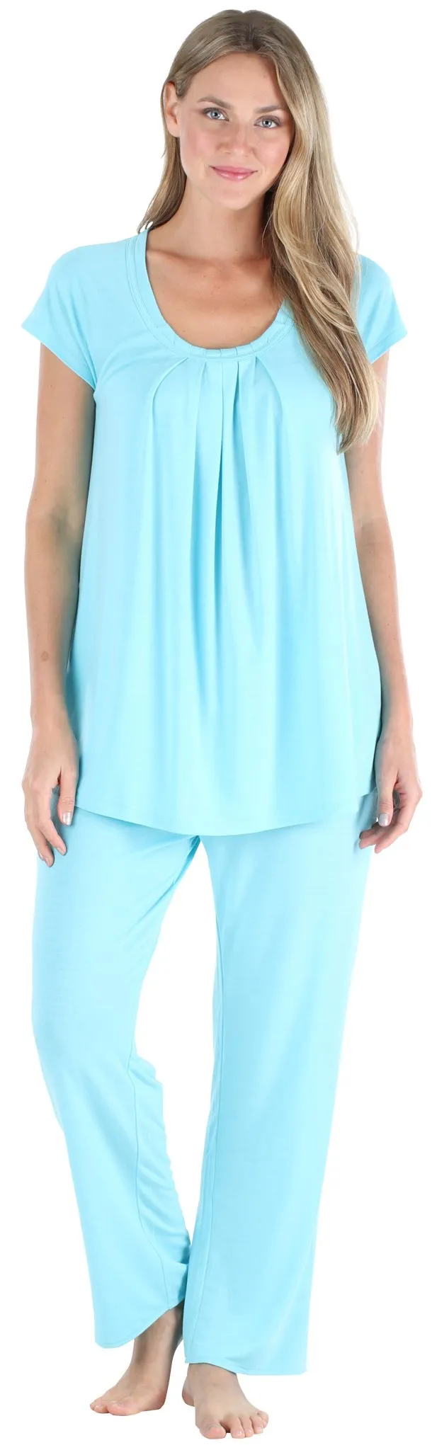 PajamaMania Women's Stretchy Knit Short Sleeve Oversized Top and Pants Pajama Set