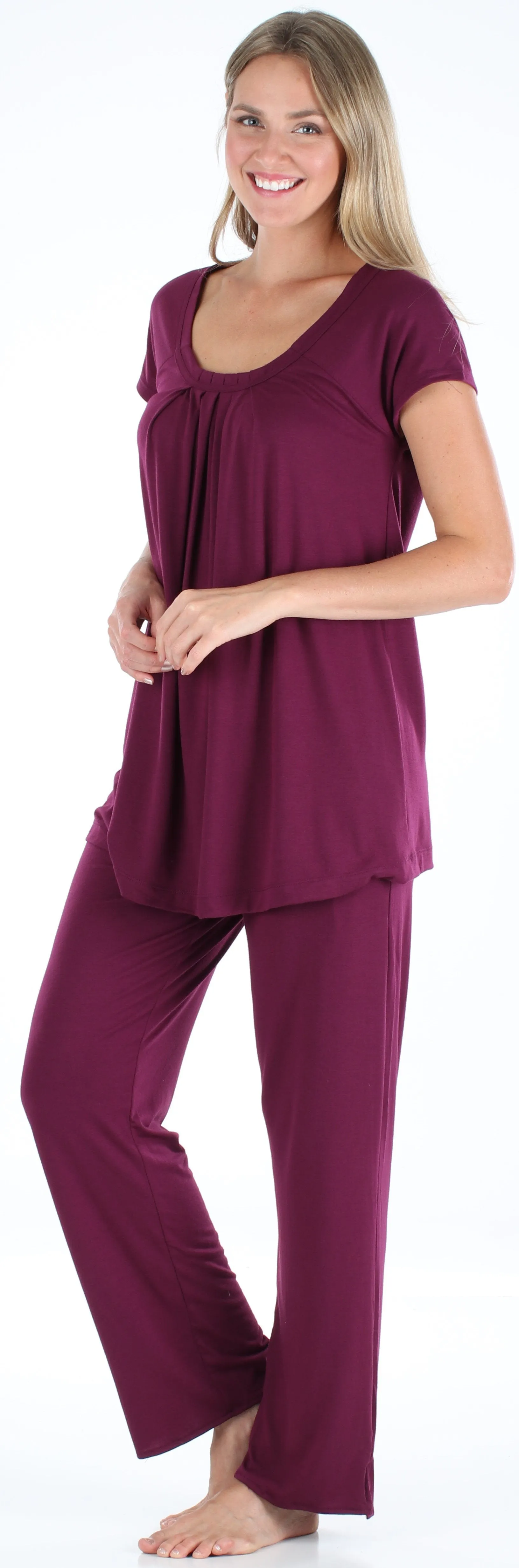 PajamaMania Women's Stretchy Knit Short Sleeve Oversized Top and Pants Pajama Set