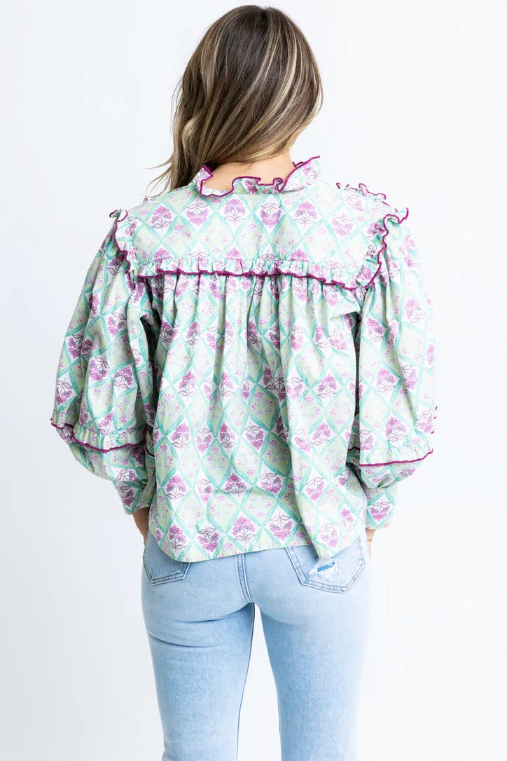 Paris Floral Poplin Ruffle Top