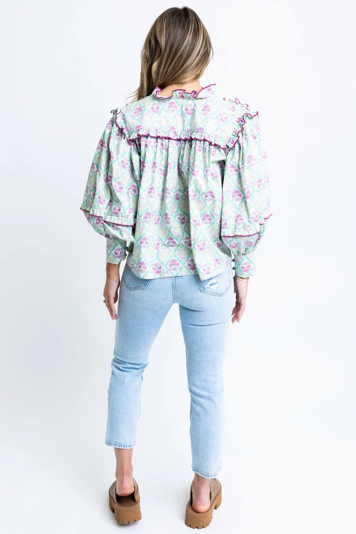 Paris Floral Poplin Ruffle Top