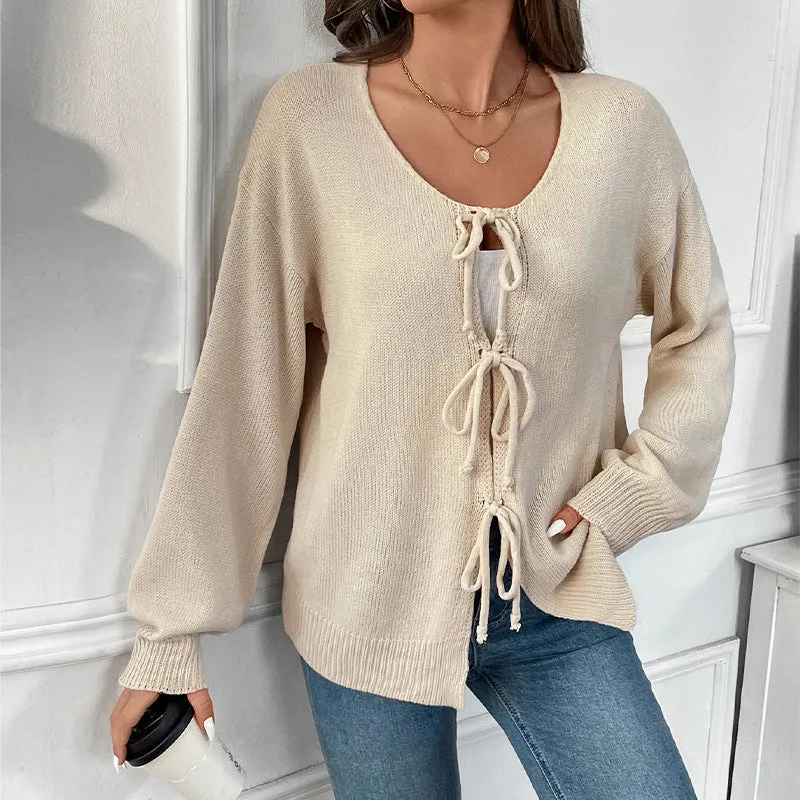 PEOPLETERRITORY autumn new casual loose versatile knitted sweater hot in  cardigan lace solid color sweater hot sale