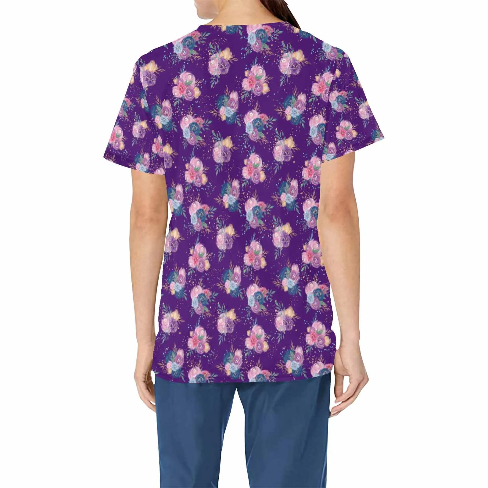 Purple Roses  Women's V Neck Scrub Top Nurse Uniform with Deep Front Pockets