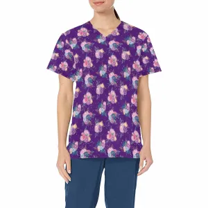 Purple Roses  Women's V Neck Scrub Top Nurse Uniform with Deep Front Pockets