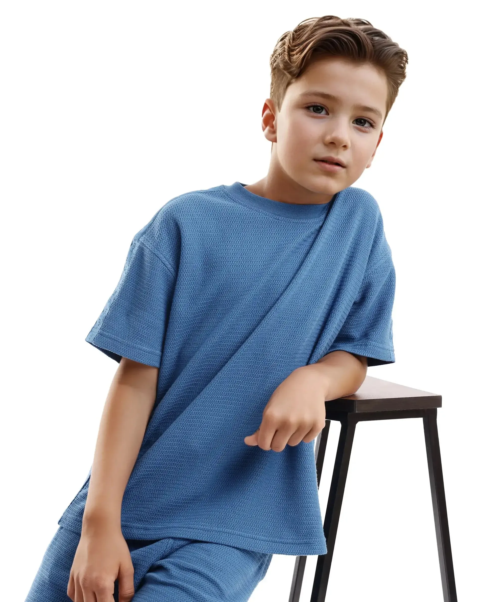 Rare Ones Kids Cols Teal Cotton Half Sleeves Crew Neck Oversized Fit Textured Solid T-Shirt