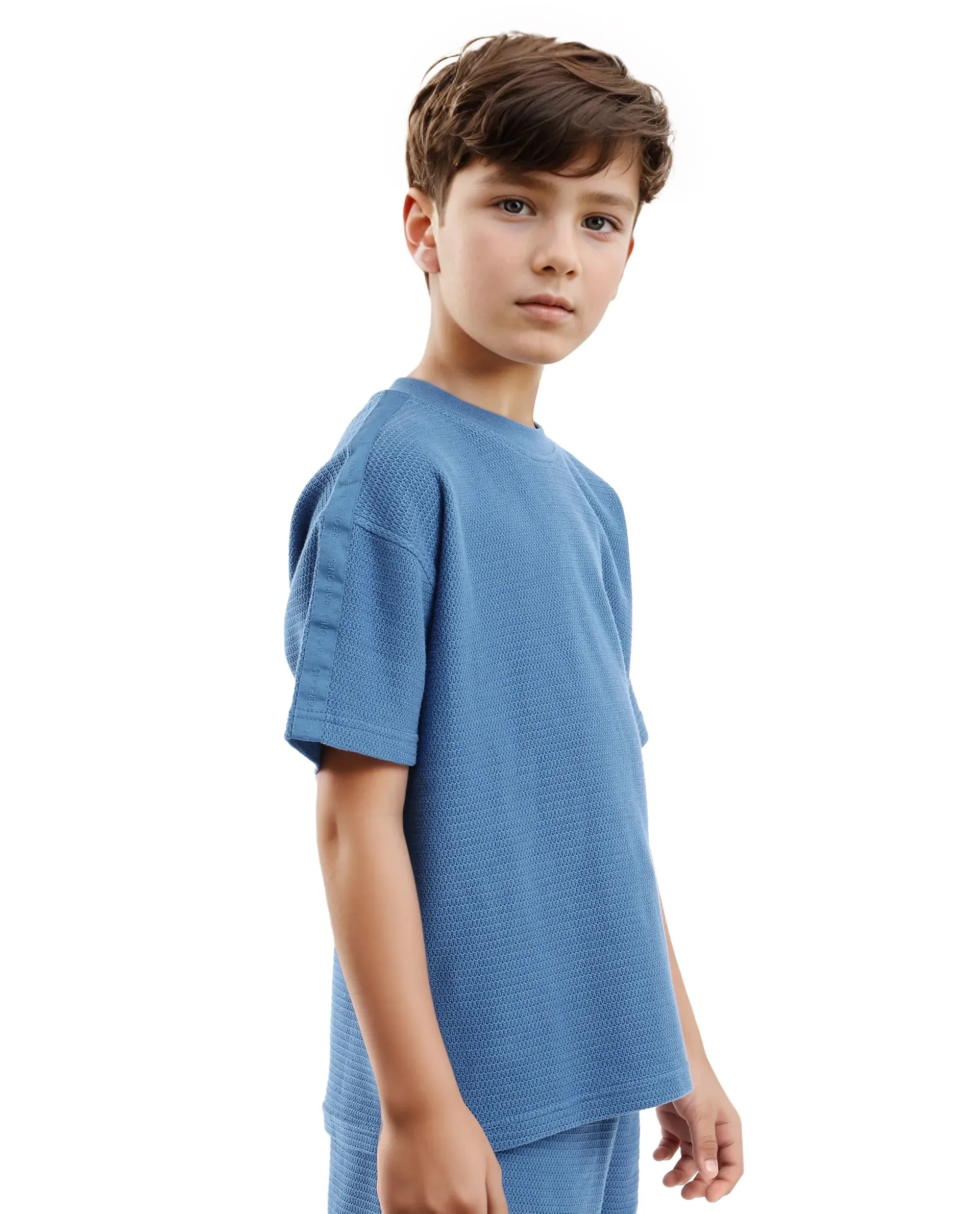 Rare Ones Kids Cols Teal Cotton Half Sleeves Crew Neck Oversized Fit Textured Solid T-Shirt