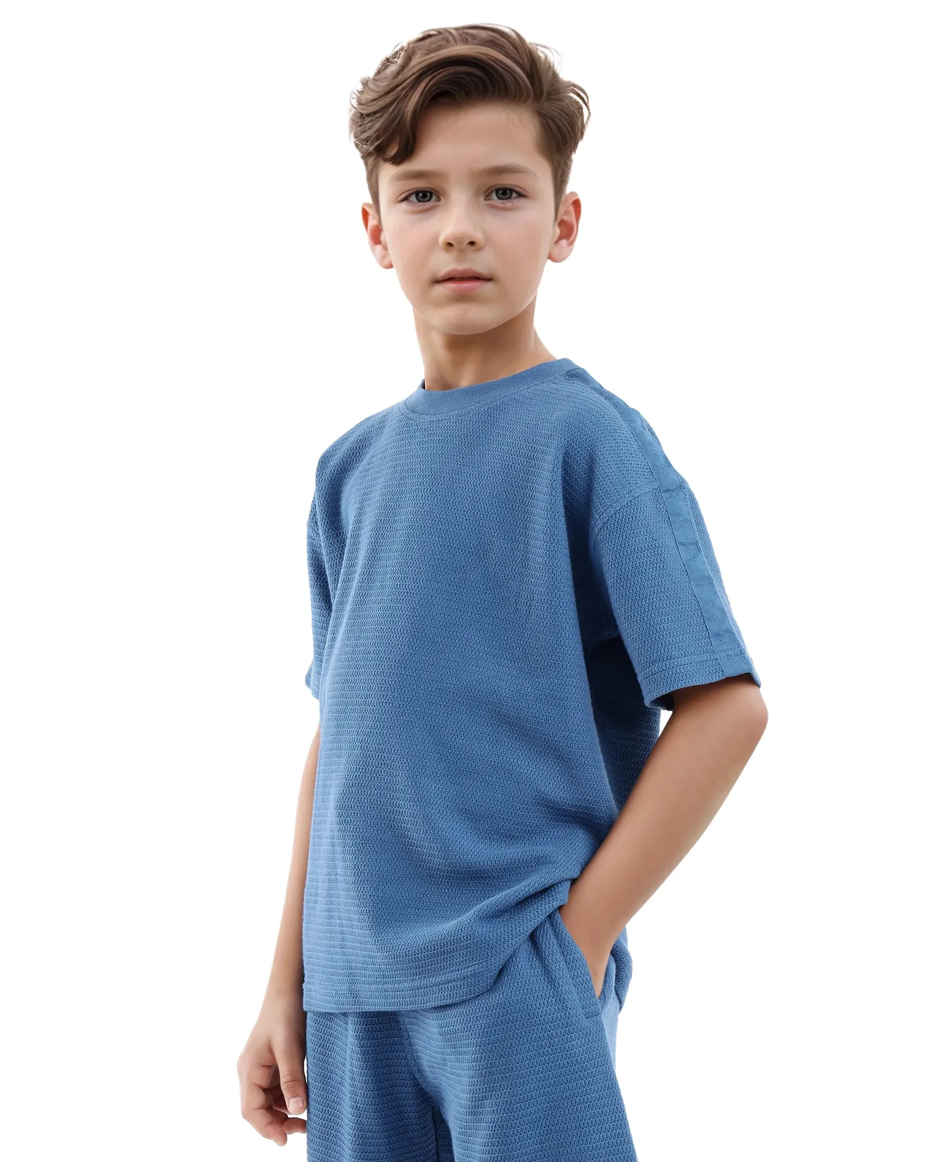 Rare Ones Kids Cols Teal Cotton Half Sleeves Crew Neck Oversized Fit Textured Solid T-Shirt