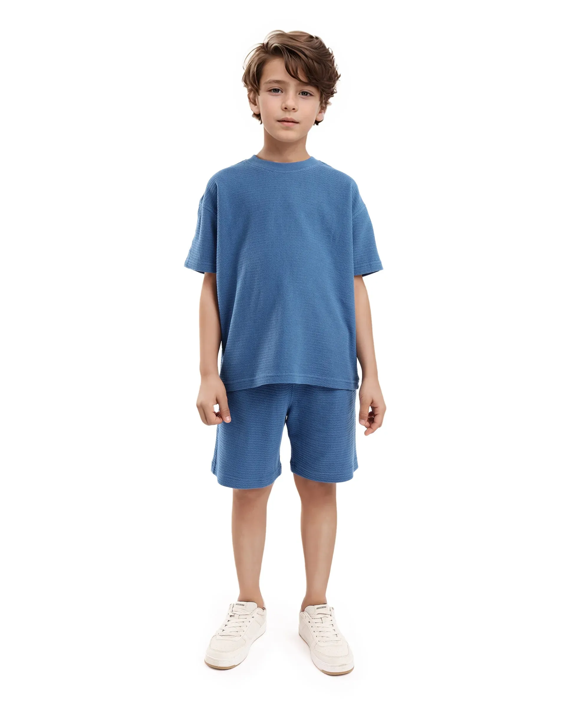 Rare Ones Kids Cols Teal Cotton Half Sleeves Crew Neck Oversized Fit Textured Solid T-Shirt