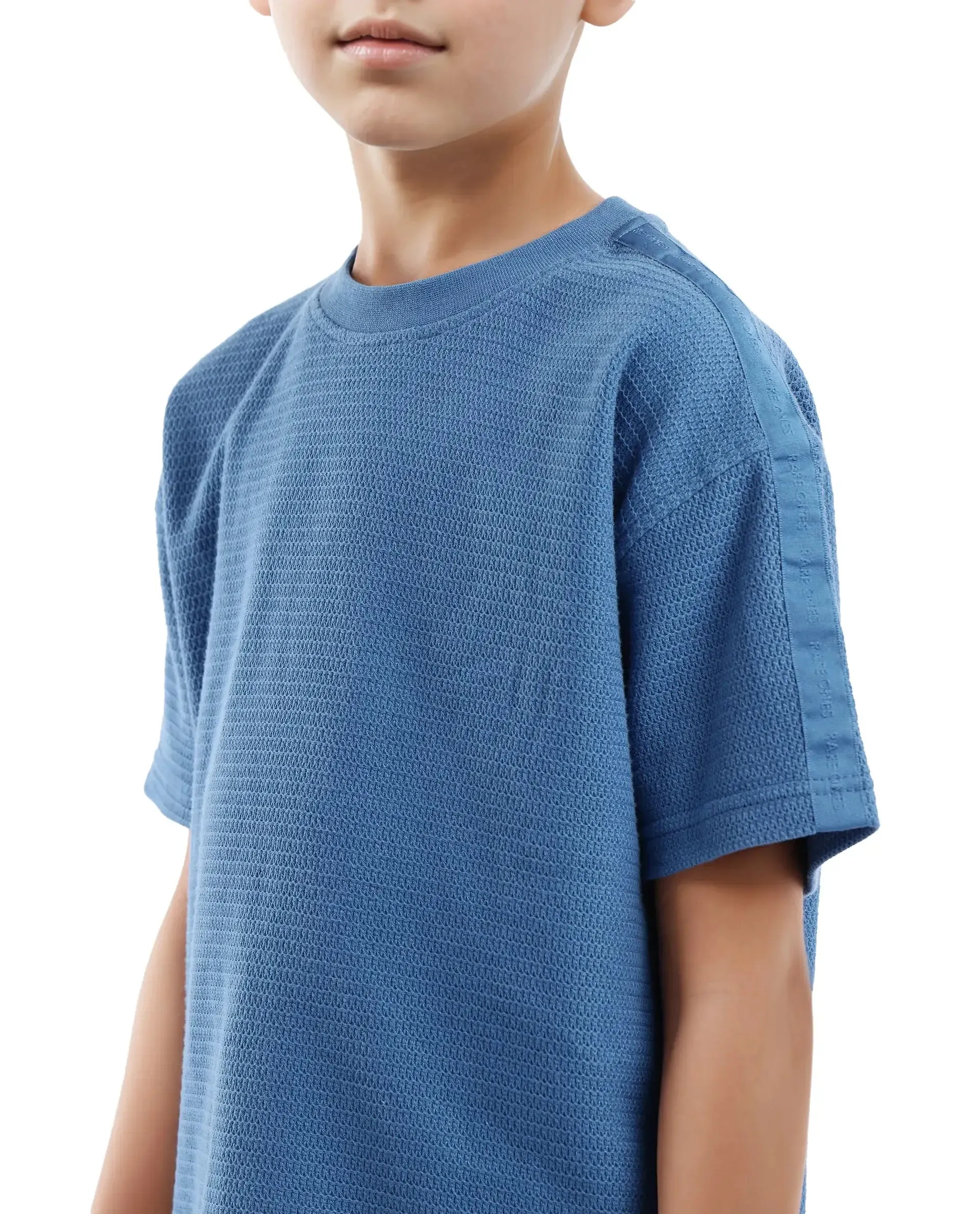 Rare Ones Kids Cols Teal Cotton Half Sleeves Crew Neck Oversized Fit Textured Solid T-Shirt