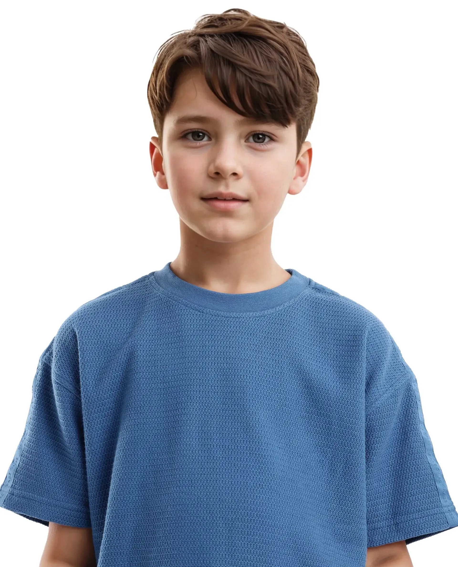 Rare Ones Kids Cols Teal Cotton Half Sleeves Crew Neck Oversized Fit Textured Solid T-Shirt