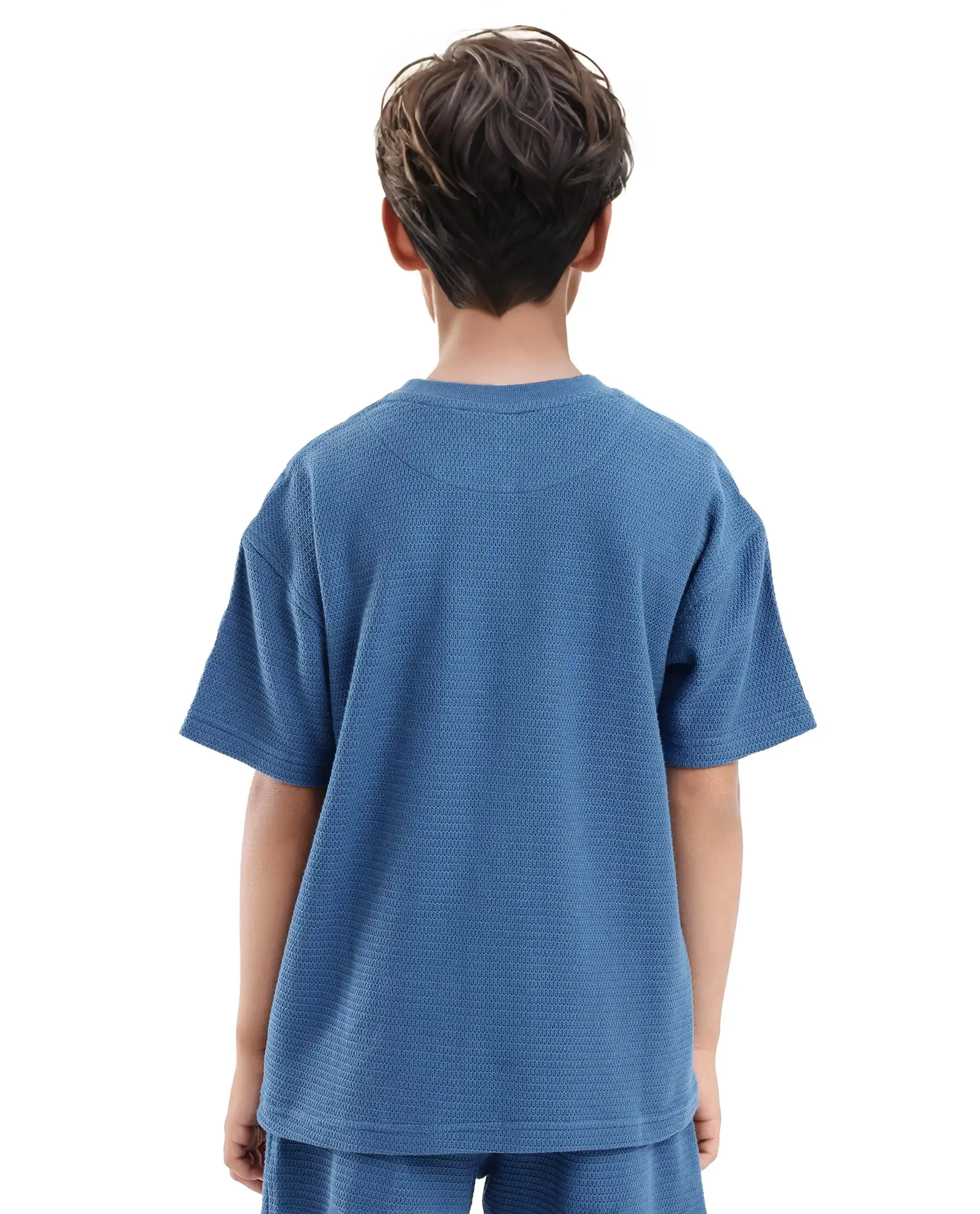 Rare Ones Kids Cols Teal Cotton Half Sleeves Crew Neck Oversized Fit Textured Solid T-Shirt