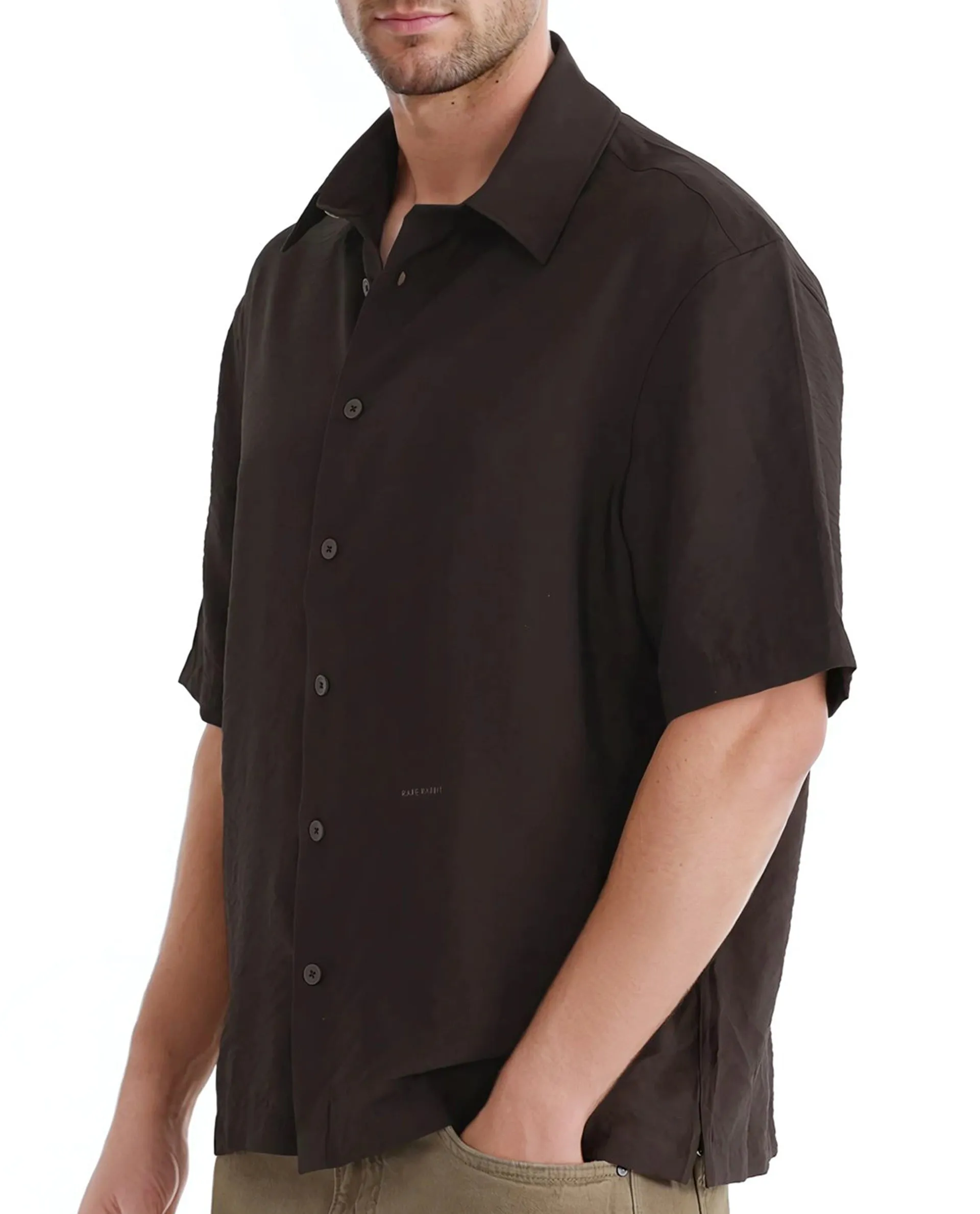 Rare Rabbit Men Flo Dark Brown Viscose Nylon Fabric Short Sleeves Collared Neck Button Closure Boxy Fit Plain Shirt