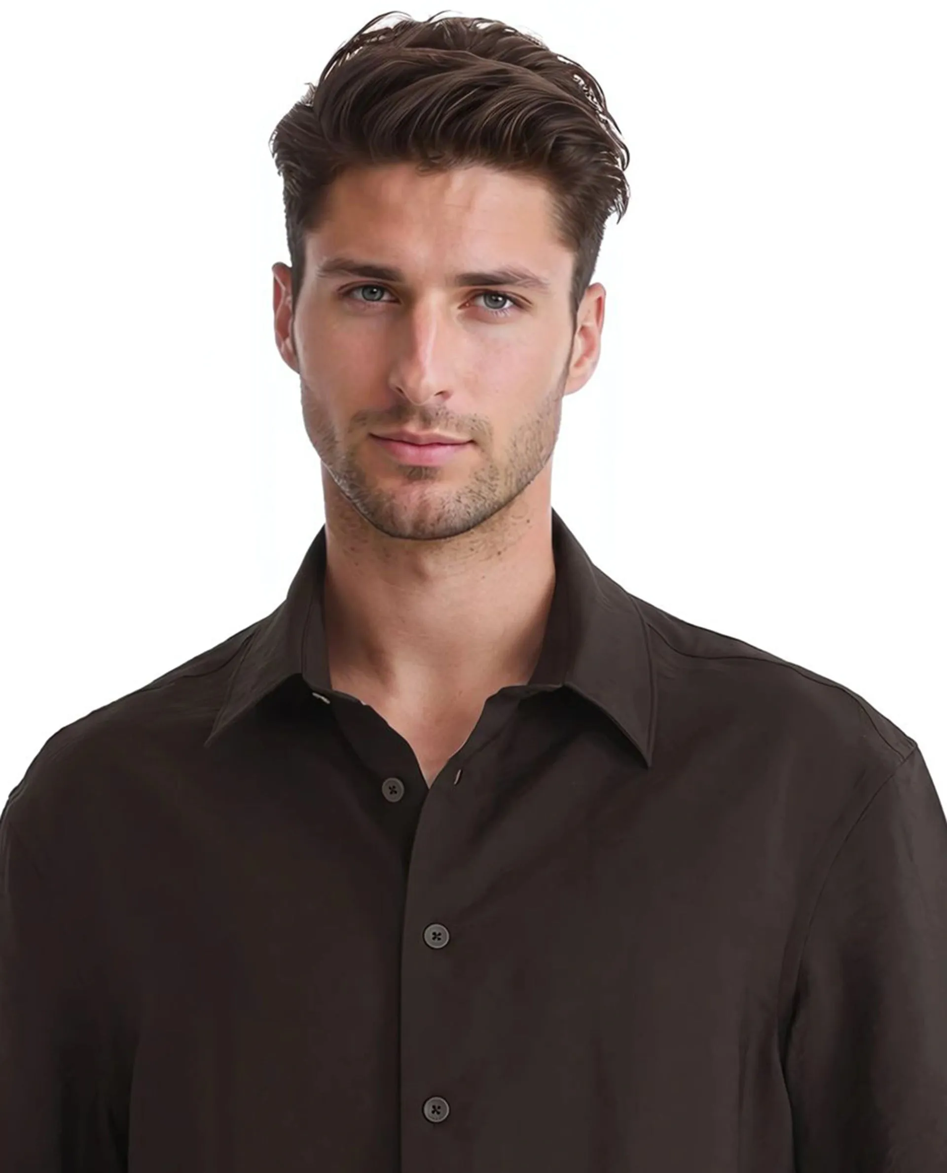 Rare Rabbit Men Flo Dark Brown Viscose Nylon Fabric Short Sleeves Collared Neck Button Closure Boxy Fit Plain Shirt