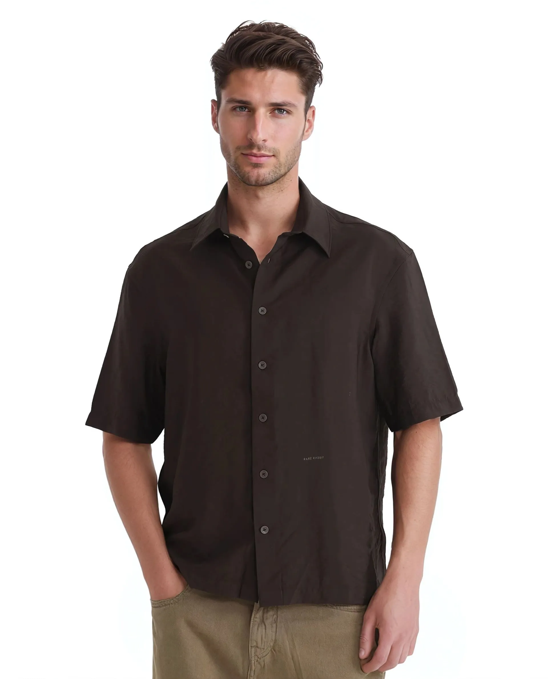 Rare Rabbit Men Flo Dark Brown Viscose Nylon Fabric Short Sleeves Collared Neck Button Closure Boxy Fit Plain Shirt