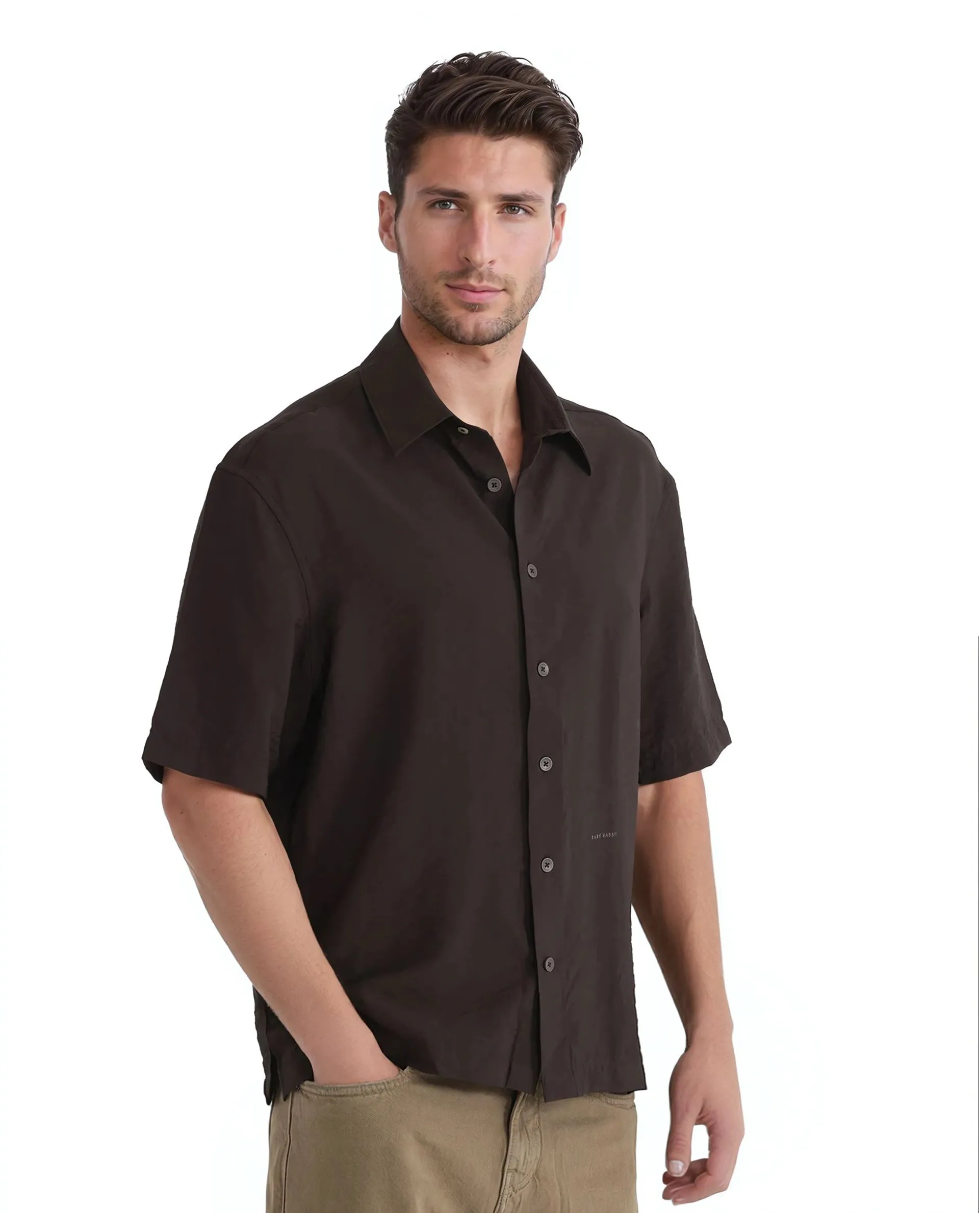 Rare Rabbit Men Flo Dark Brown Viscose Nylon Fabric Short Sleeves Collared Neck Button Closure Boxy Fit Plain Shirt