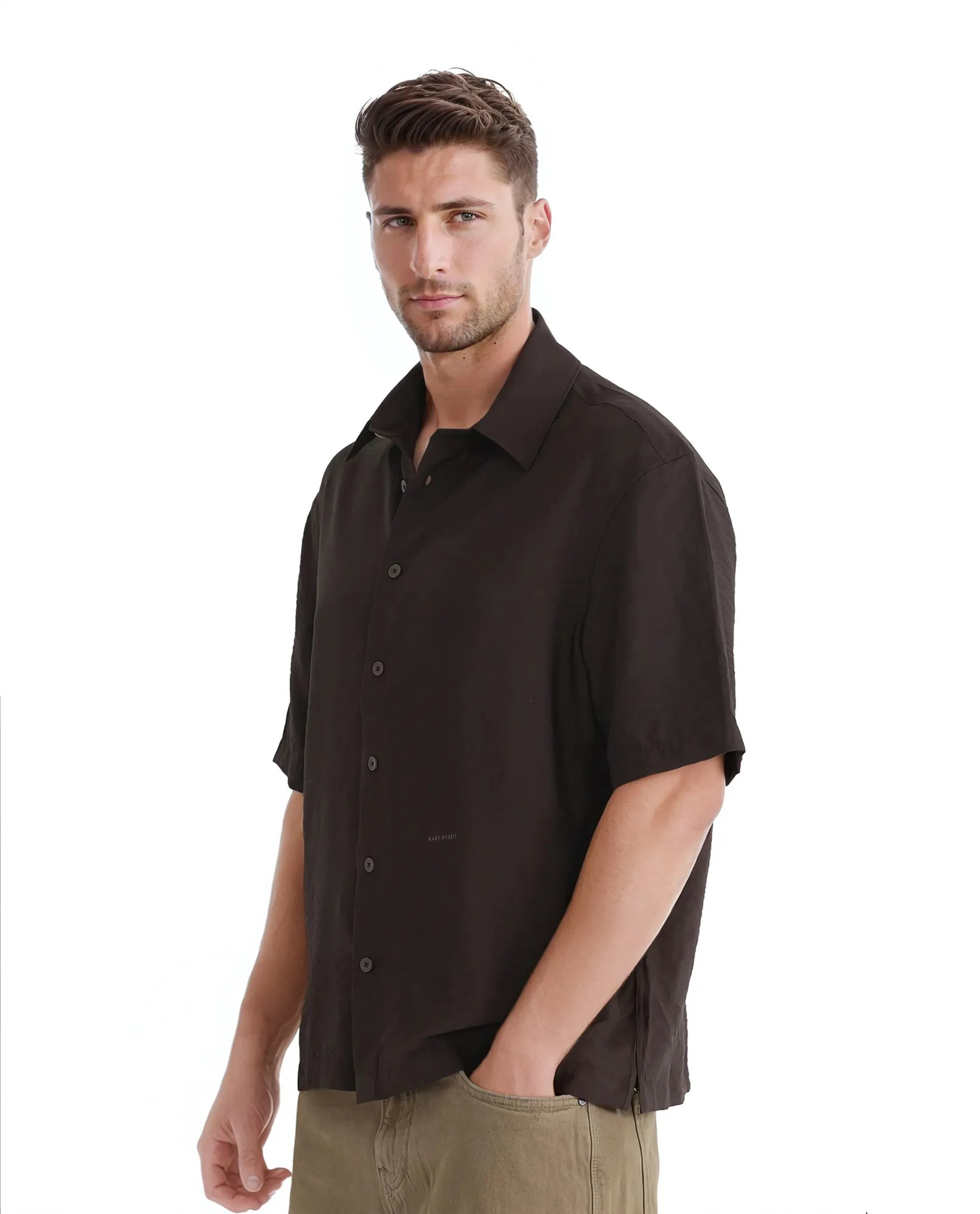 Rare Rabbit Men Flo Dark Brown Viscose Nylon Fabric Short Sleeves Collared Neck Button Closure Boxy Fit Plain Shirt