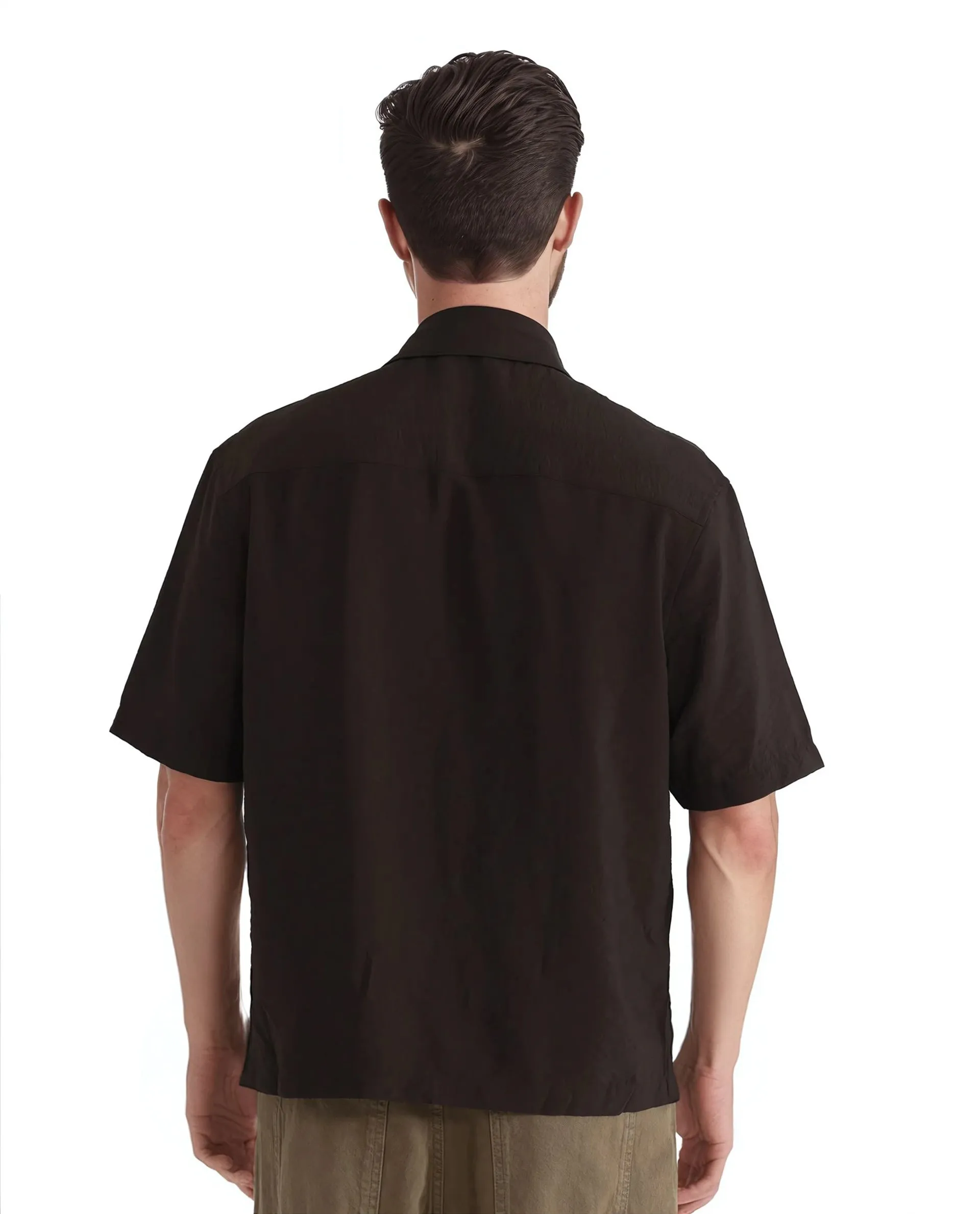 Rare Rabbit Men Flo Dark Brown Viscose Nylon Fabric Short Sleeves Collared Neck Button Closure Boxy Fit Plain Shirt