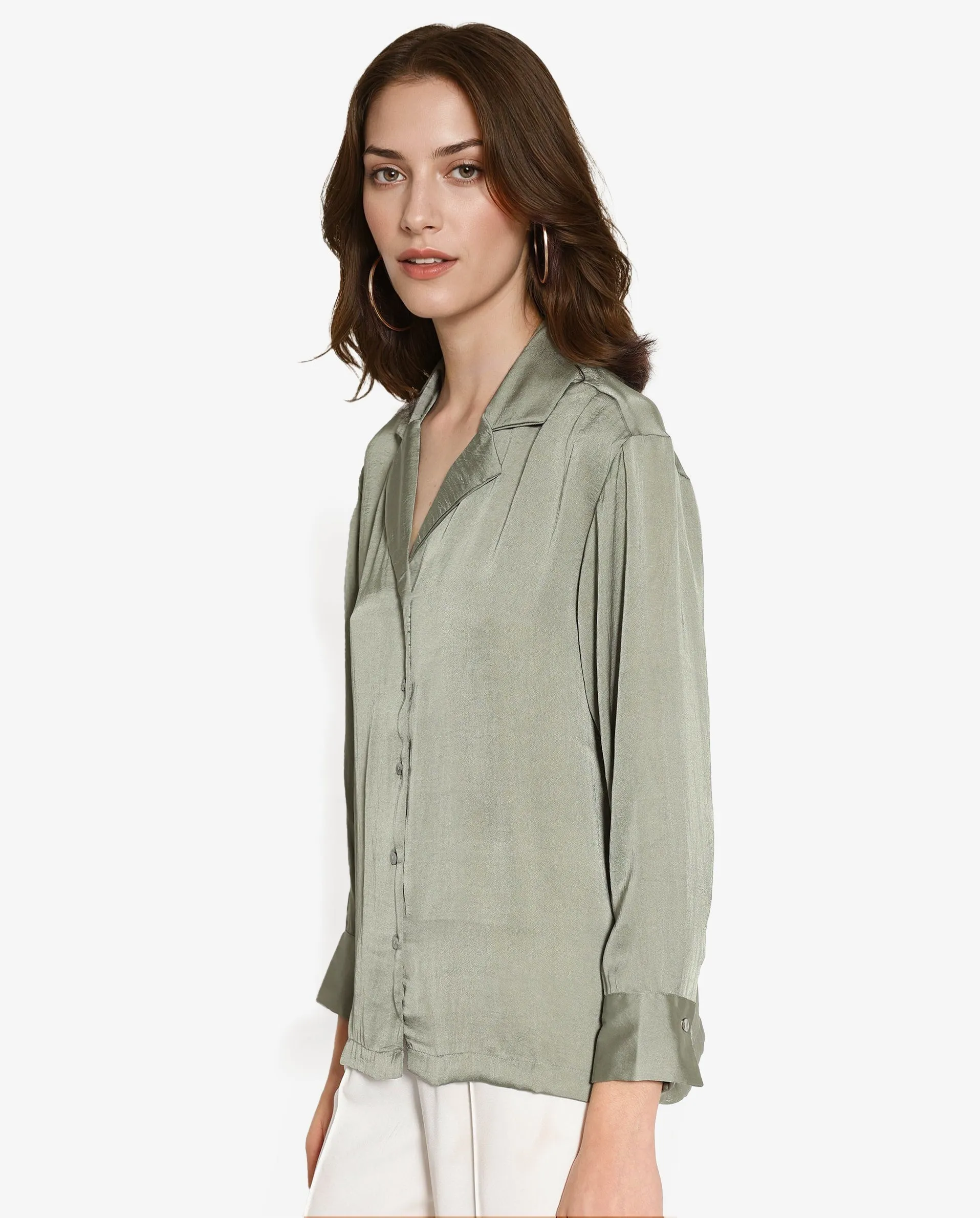 Rareism Women Chant Light Green Polyester Fabric Cuffed Sleeves Lapel Neck Plain Shirt