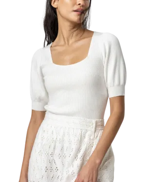 Ribbed Elbow Sleeve Square Neck Sweater (White)