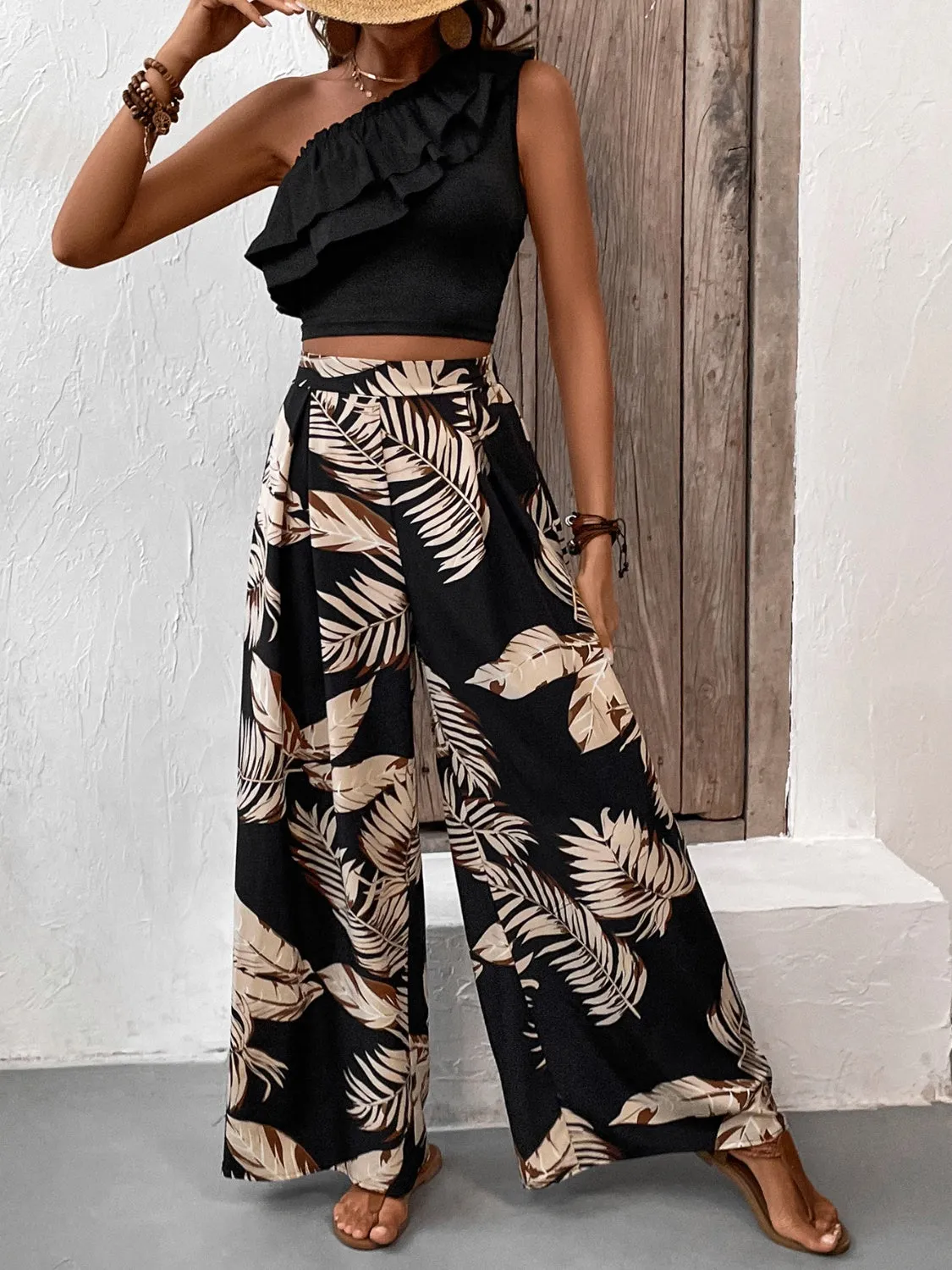 Ruffled Sleeveless Top and Printed Pants Set