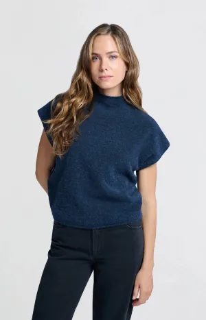 Sleeveless High Neckline Sweater in Blue Melange