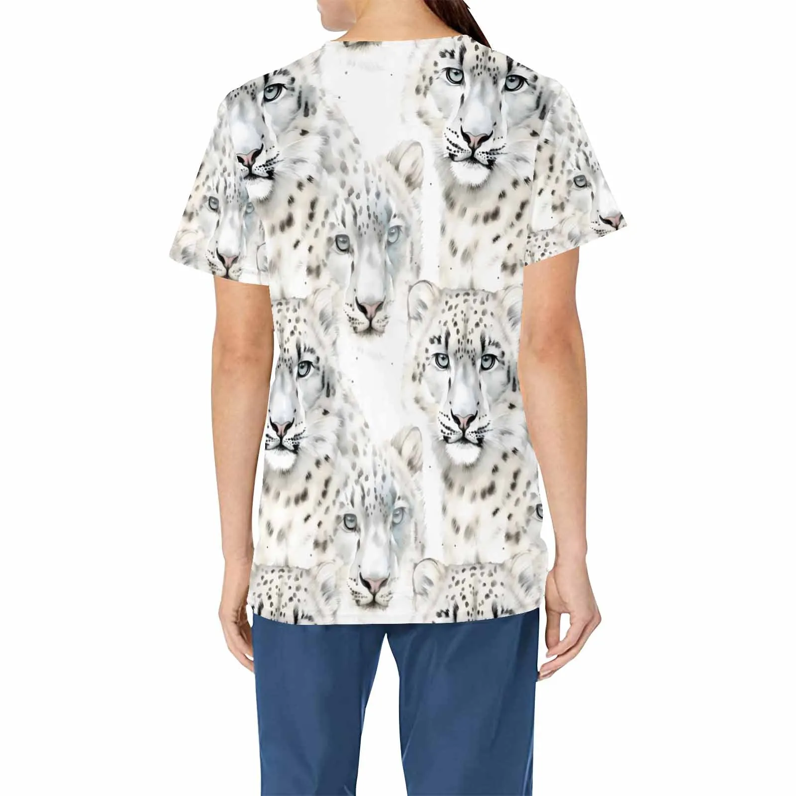 Snow Leopard  Women's V Neck Scrub Top Nurse Uniform with Deep Front Pockets