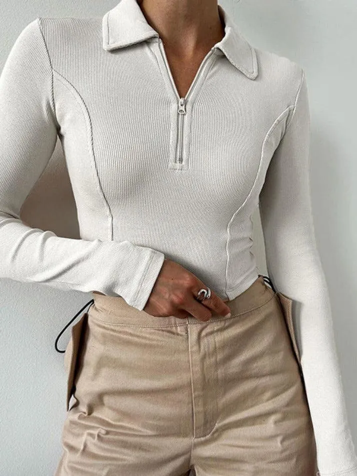 Solid Color Splice Zipper Lapel Neck Long Sleeve Knit