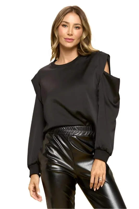 TEEK - Black Satin Stretch Open Shoulder Sweatshirt