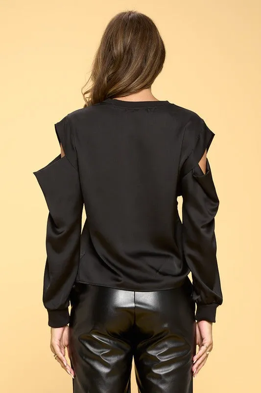 TEEK - Black Satin Stretch Open Shoulder Sweatshirt