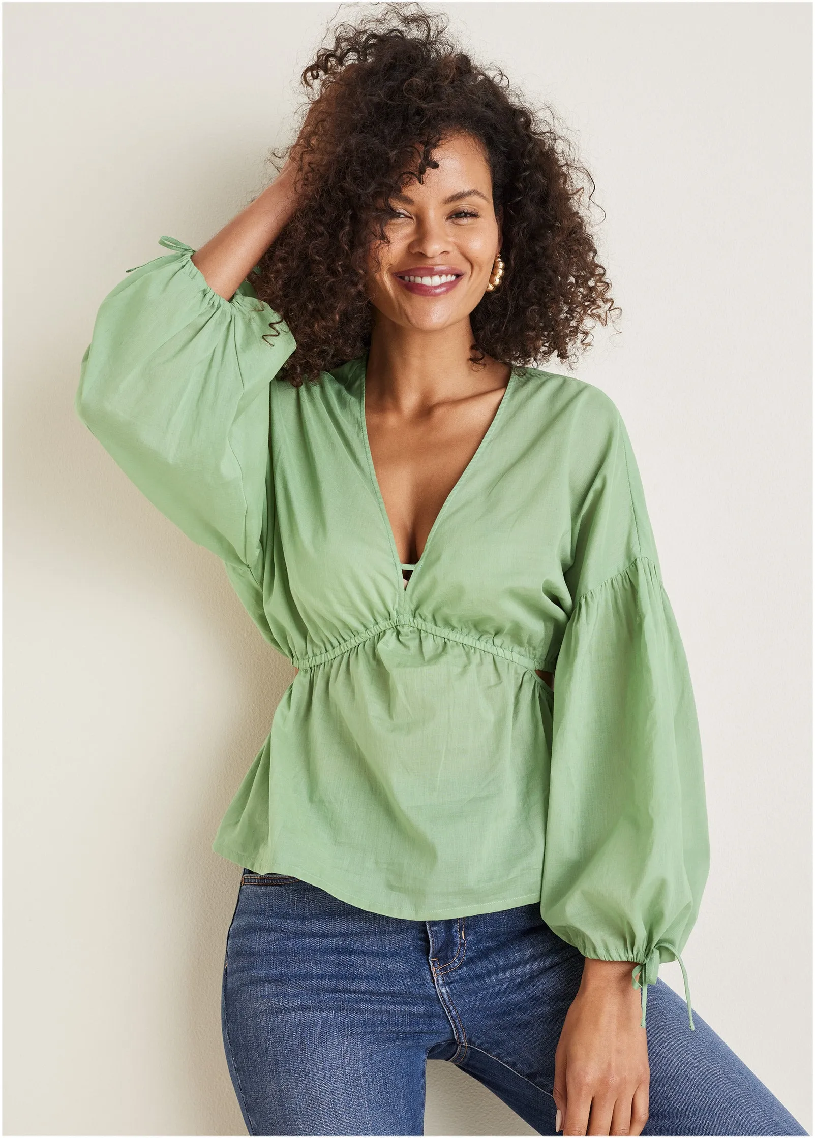 Voile Cut Out Blouse - Basil