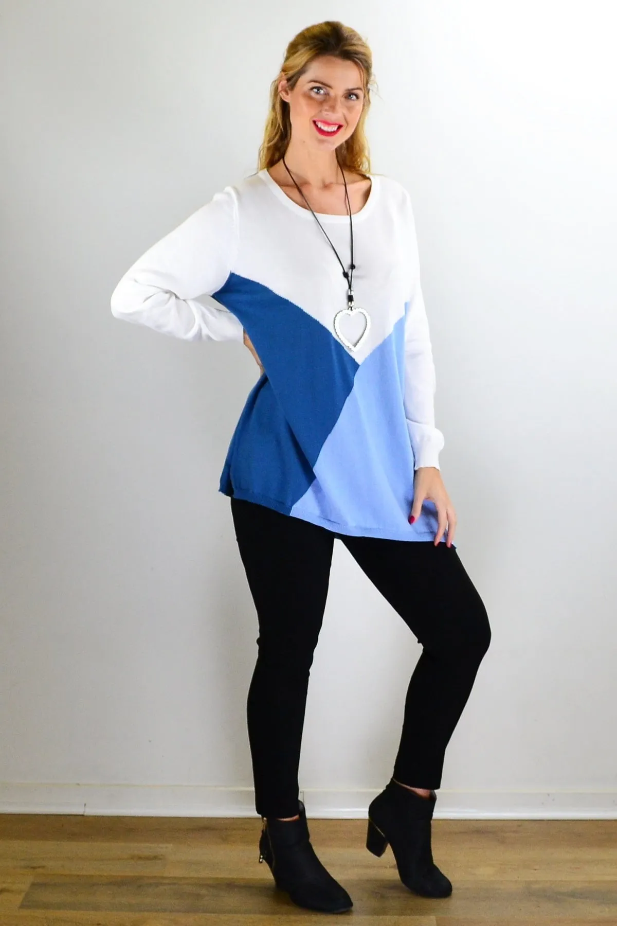 White Blue Patchwork Pattern Jumper