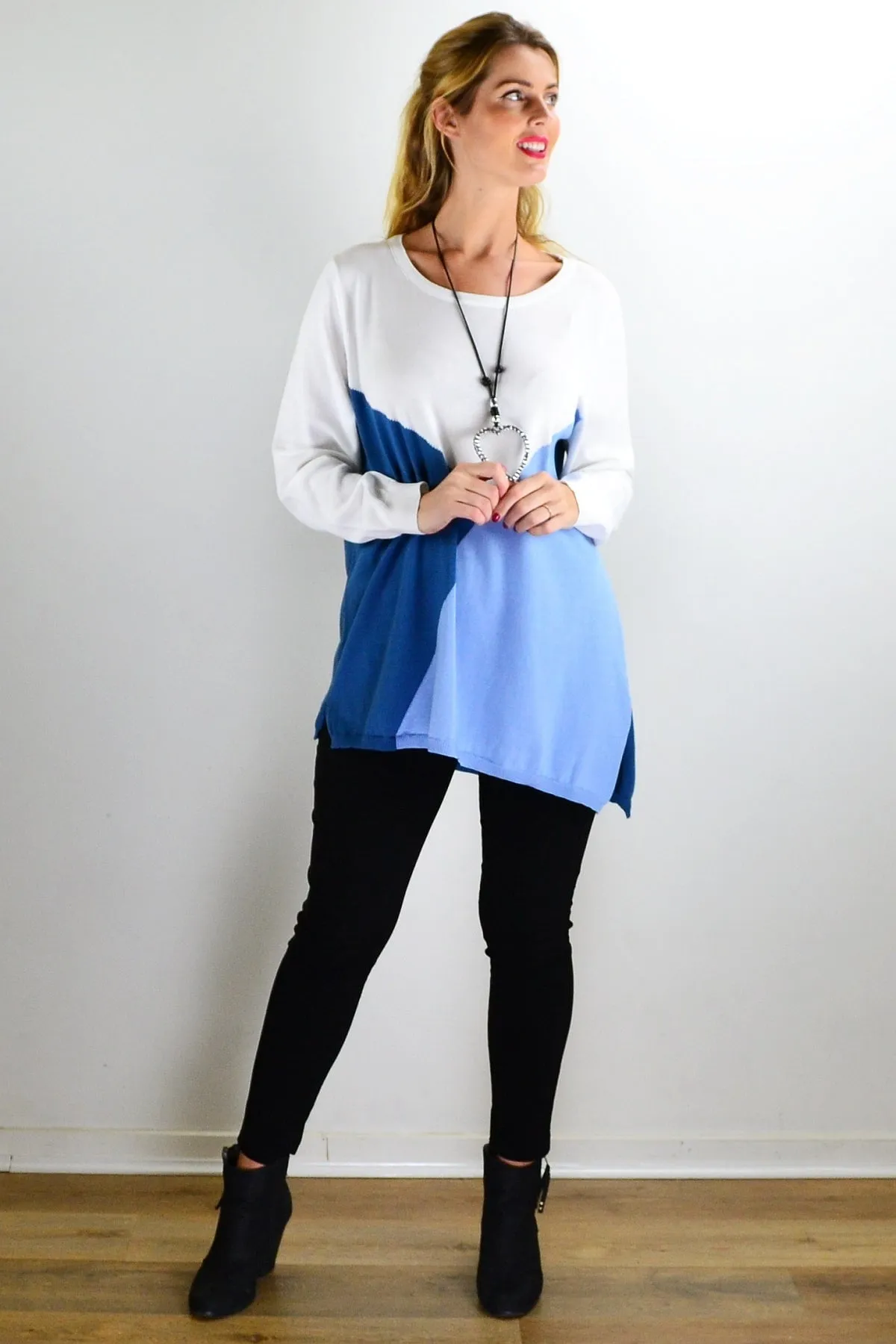 White Blue Patchwork Pattern Jumper