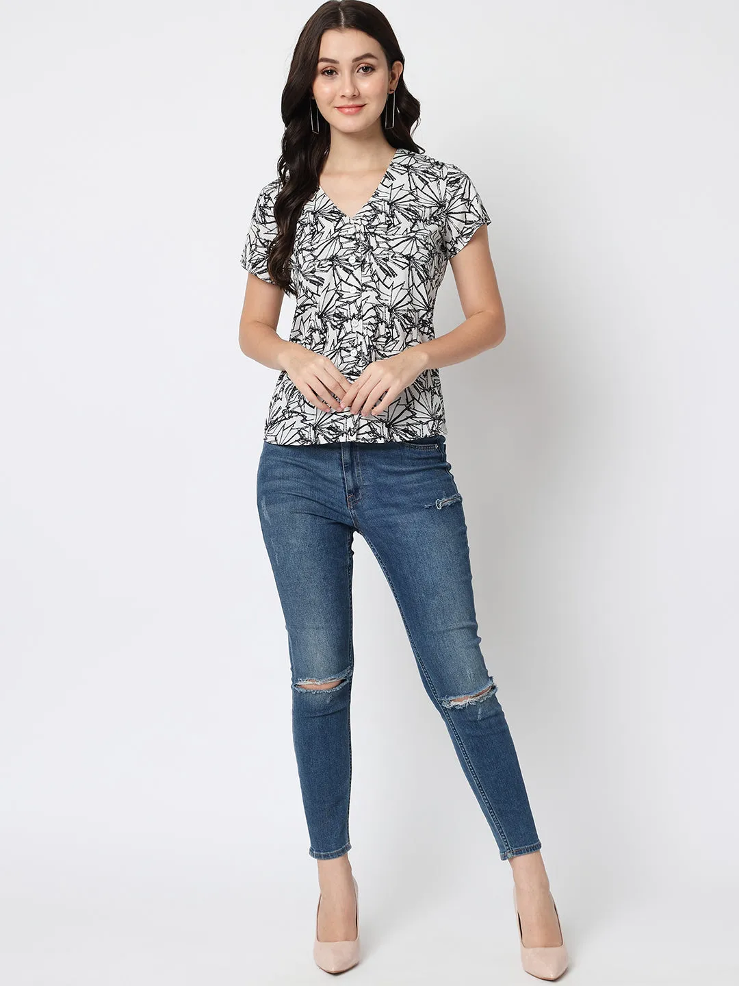 Women Abstract Printed Half Sleeves V-Neck Casual Top