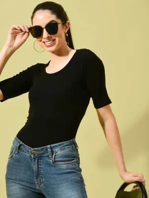 Women Scoop Neck Black Rib Top