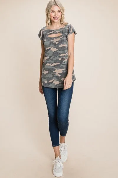 Women's Army Camo Printed Cut Out Neckline Short Flutter Sleeves Casual Basic Top