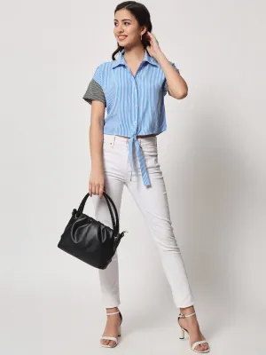 Women's Blue Striped Shirt Style Crop Top