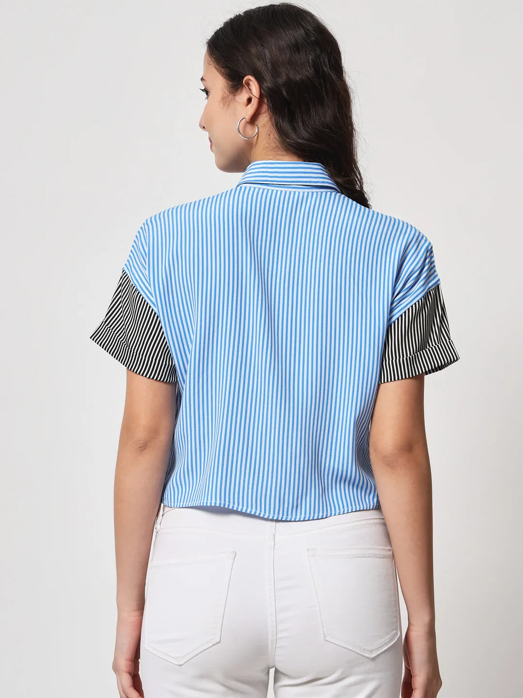 Women's Blue Striped Shirt Style Crop Top