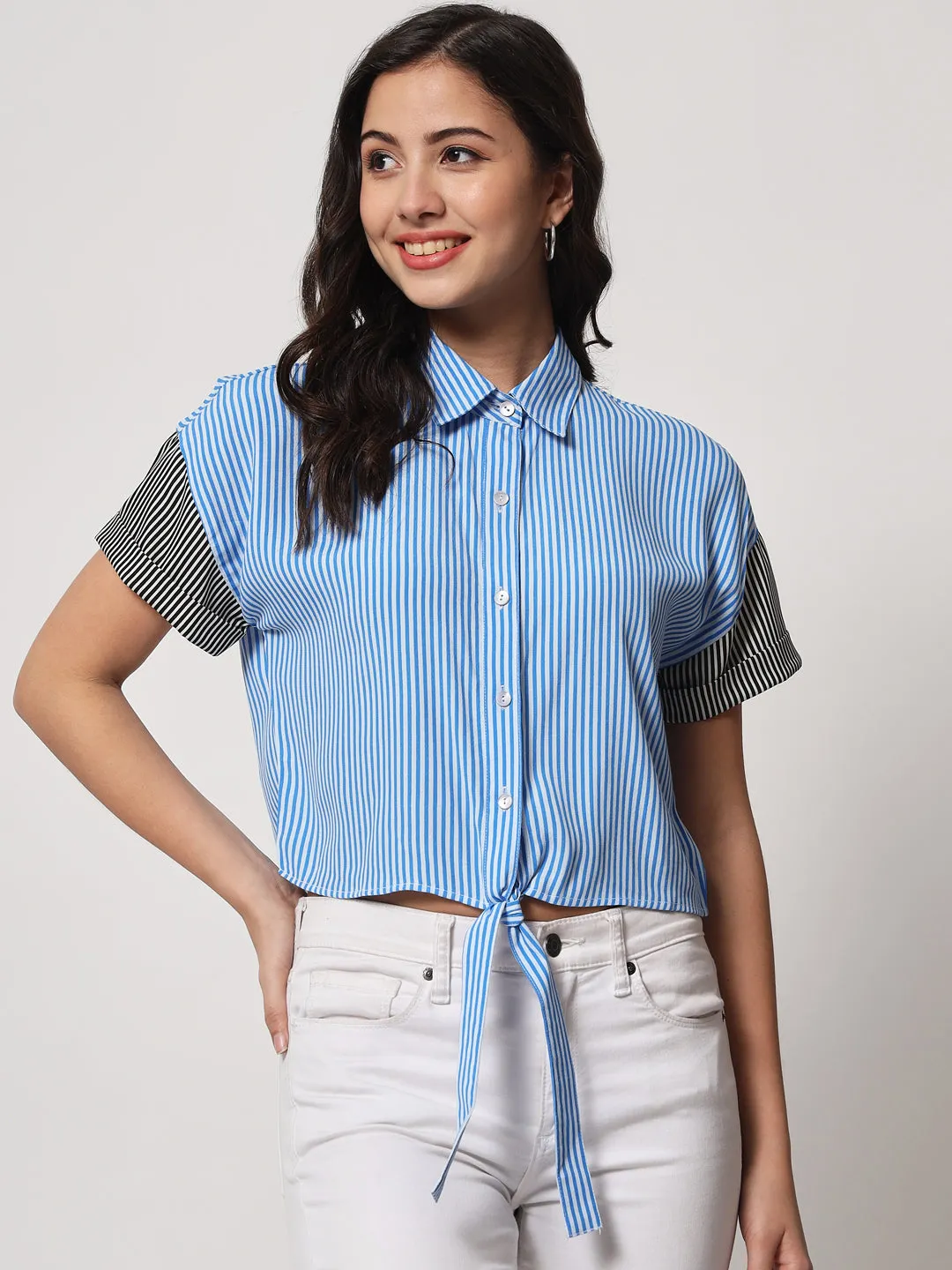 Women's Blue Striped Shirt Style Crop Top